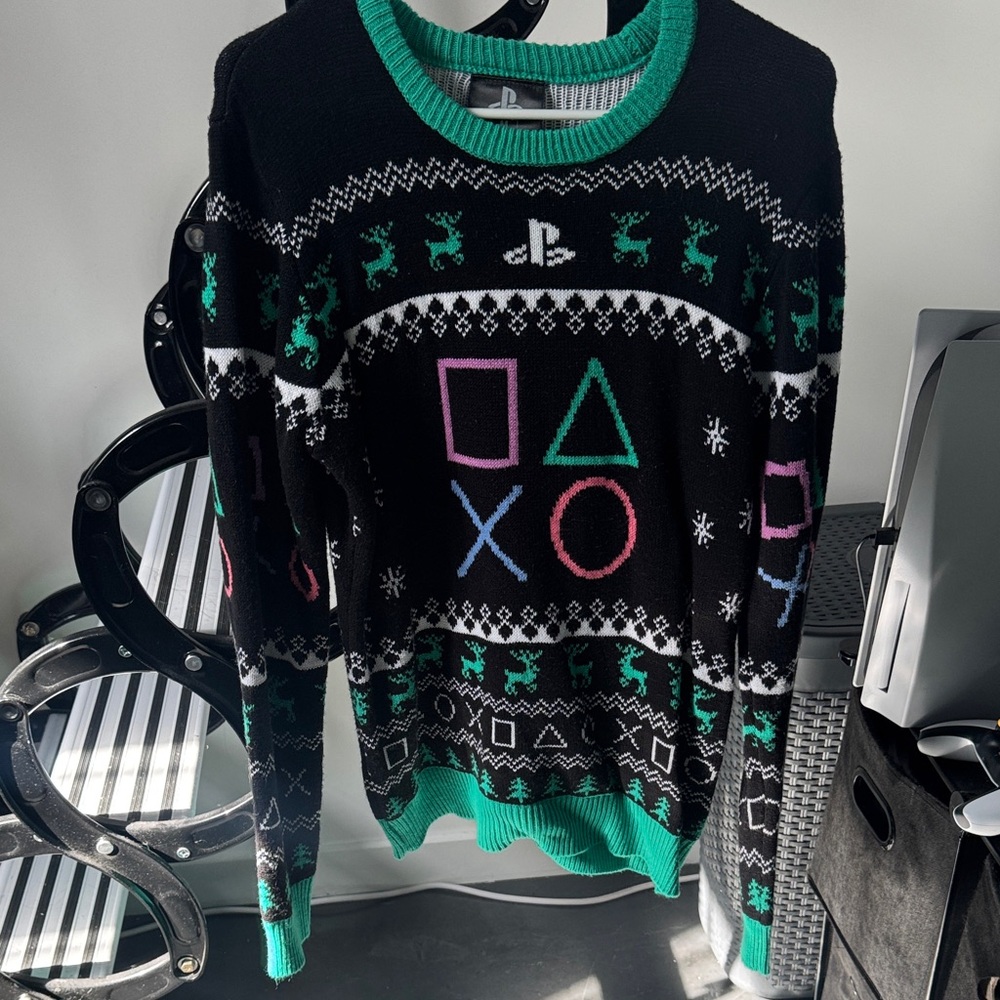 Sony PlayStation Black and Green Crewneck Holiday Sweater